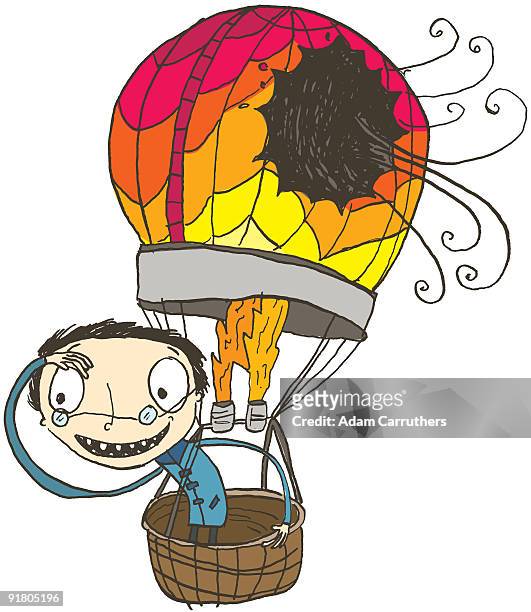 a man oblivious to the hole in his hot air balloon - oblivious stock illustrations