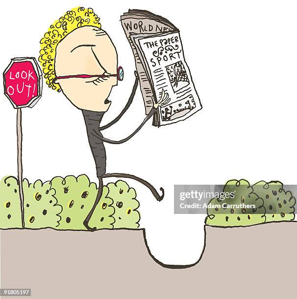 a man reading the newspaper and oblivious to the hole in the sidewalk - oblivious stock illustrations