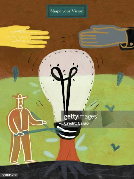 a man trimming a hedge shaped lightbulb and the text: shape your vision - shaping stock illustrations