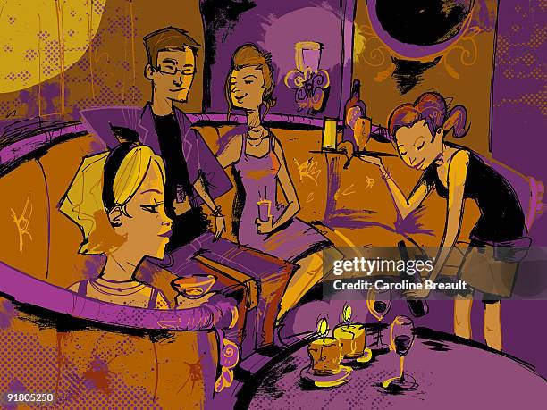 people having wine at a lounge - waitress stock illustrations