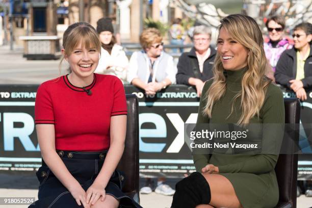 Angourie Rice and Renee Bargh visit "Extra" at Universal Studios Hollywood on February 13, 2018 in Universal City, California.