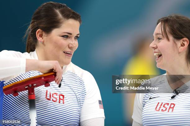 Becca Hamilton, left, talks with Aileen Geving of the United States of America during Women's Round Robin Session 1 on day five of the PyeongChang...