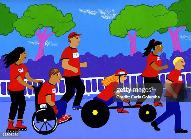 a wheelchair charity race - disabled athlete stock-grafiken, -clipart, -cartoons und -symbole