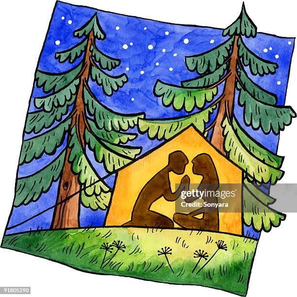 illustrations, cliparts, dessins animés et icônes de a painting of a couple camping in a tent under the stars - straight pin