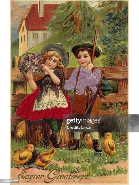 a vintage easter postcard of a little boy and girl surrounded by chicks - day old chicks stock illustrations