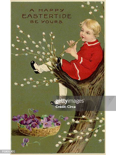 a vintage easter postcard of a basket of violets and a boy playing a flute in a pussy willow tree - willow flute stock illustrations