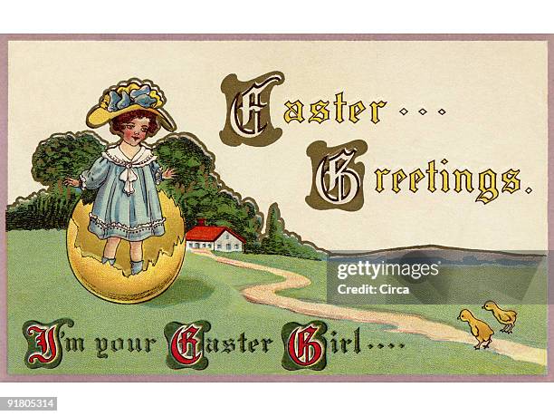 a vintage easter postcard of a little girl coming out of an easter egg - day old chicks stock illustrations