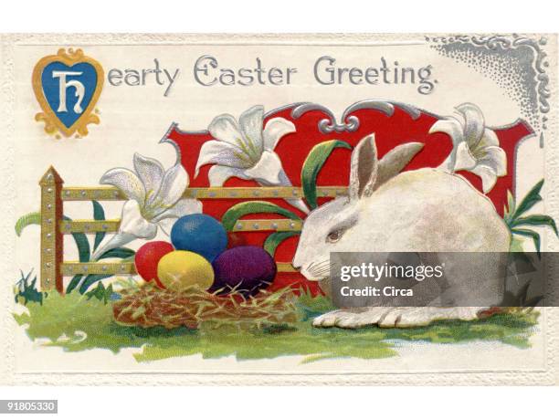 a vintage easter postcard of lilies, a white rabbit and easter eggs - symbolism stock illustrations