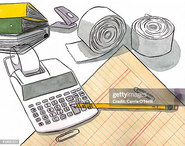 still life of an accountants tools - hole punch stock illustrations