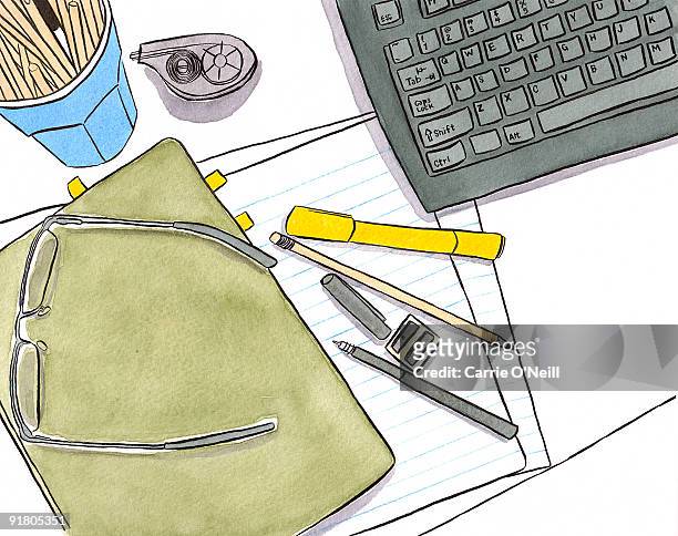 still life of a writers tools - exercise book stock illustrations