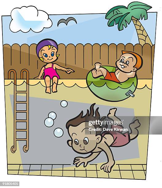 children playing in an outdoor pool - board shorts stock illustrations