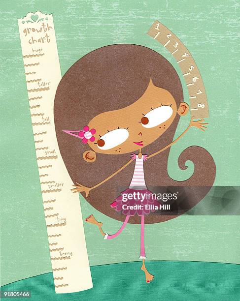 ilustraciones, imágenes clip art, dibujos animados e iconos de stock de a paper cut illustration of a girl measuring her height - height chart