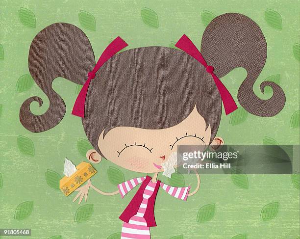 stockillustraties, clipart, cartoons en iconen met a paper cut illustration of a girl using tissues on a runny nose - blowing nose