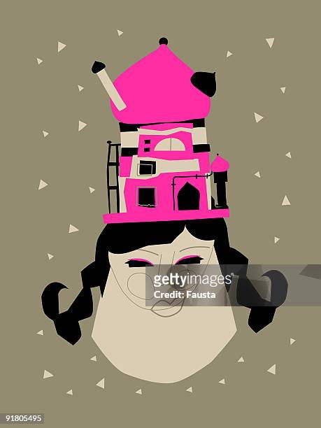 a whimsical illustration of a woman with a building on her head - onion dome 幅插畫檔、美工圖案、卡通及圖標