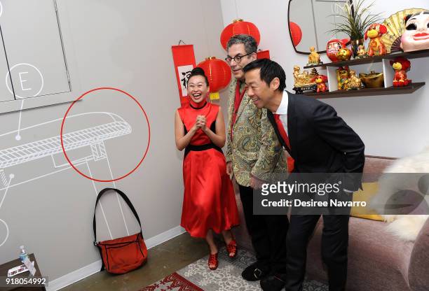 Niki Cheng, Michael Musto and Shaokao Cheng attend the 2018 Red & Gold Party at Calligaris SoHo on February 13, 2018 in New York City.
