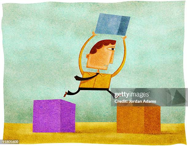 ilustraciones, imágenes clip art, dibujos animados e iconos de stock de a man holding a block and jumping from one block to another - pasadera