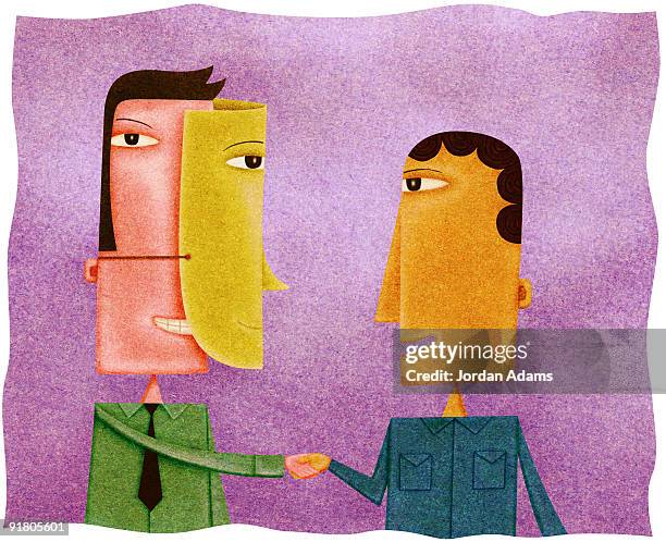 bildbanksillustrationer, clip art samt tecknat material och ikoner med one man shaking hands with another man behind a mask - med två ansikten