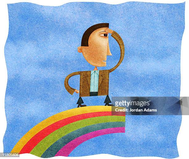 a businessman standing at the end of a rainbow looking into the distance - bright future stock illustrations