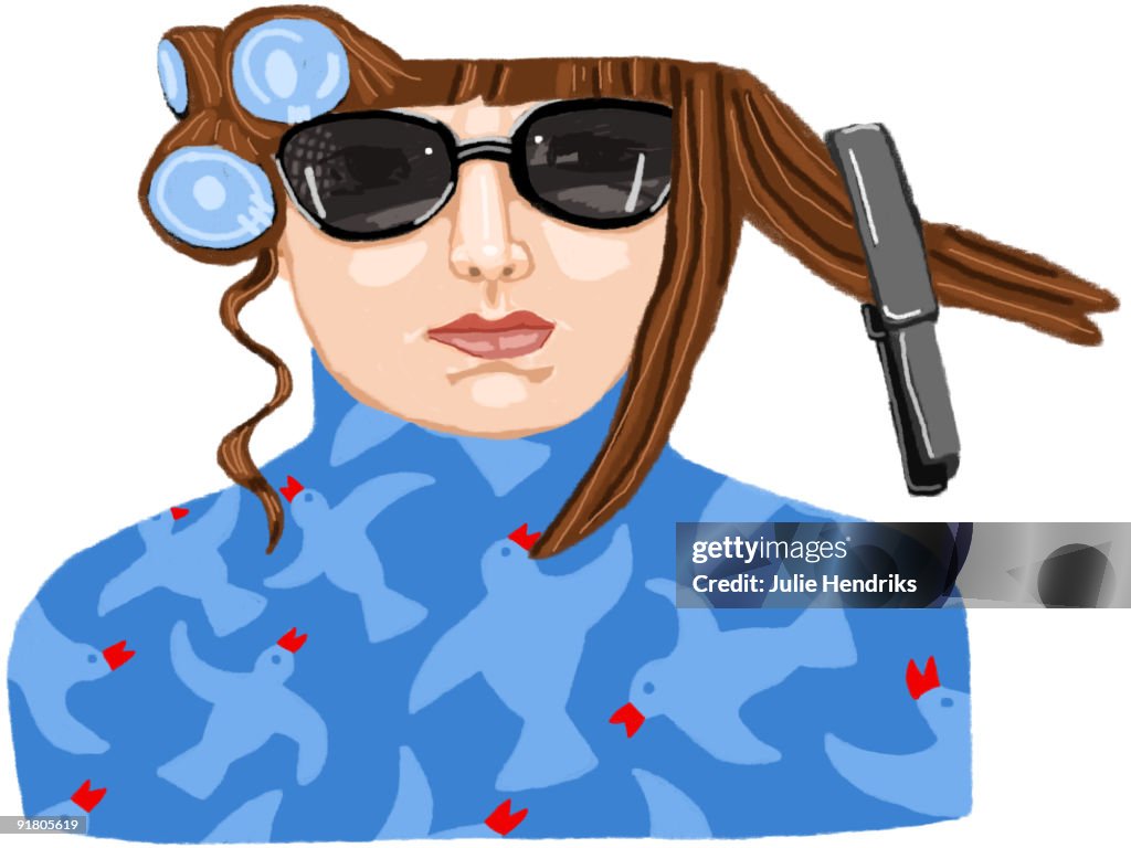 A woman wearing sunglasses with curlers on and a straightening iron