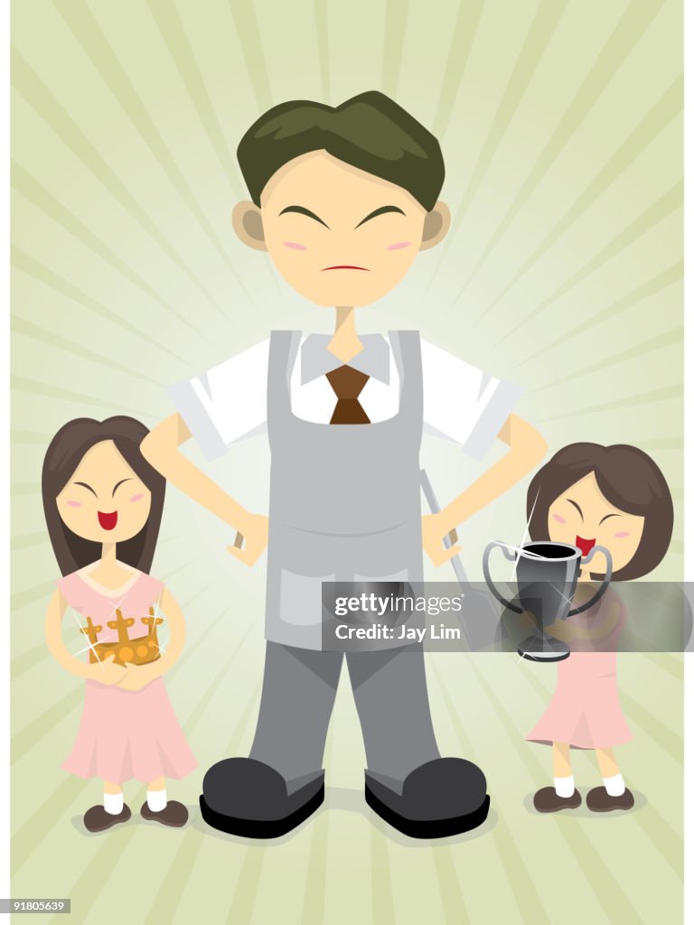 Two girls giving their father trophies and a crown