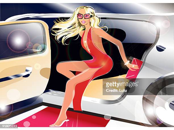 ilustrações de stock, clip art, desenhos animados e ícones de a woman in a sexy red dress getting out of a limousine - status car