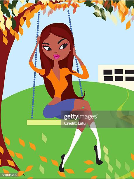 stockillustraties, clipart, cartoons en iconen met a teenage girl on a tree swing and a school in the background - touwschommel