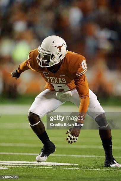 Cornerback Chykie Brown of the Texas Longhorns launches off the snap against the Colorado Buffaloes on October 10, 2009 at Darrell K Royal-Texas...