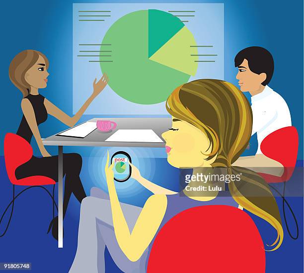 a woman posting to a blog using a personal digital assistant during a business meeting - organisieren stock illustrations