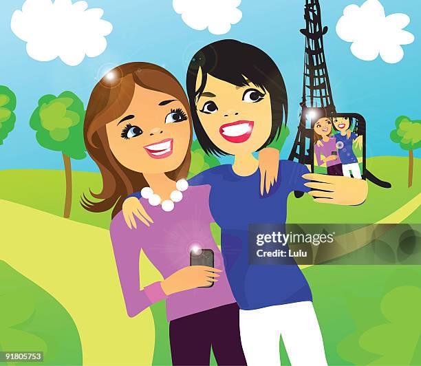 two women taking a photo of themselves in front of the eiffel tower with a digital phone - public park点のイラスト素材／クリップアート素材／マンガ素材／アイコン素材