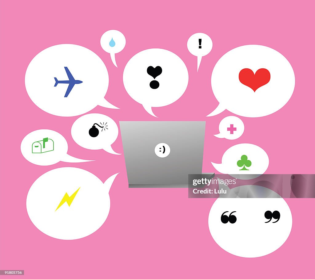 A laptop computer with many speech bubbles containing different symbols