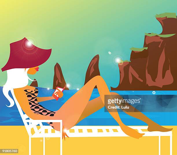 a woman using a personal digital assistant while sunbathing on a beach - organisieren stock illustrations
