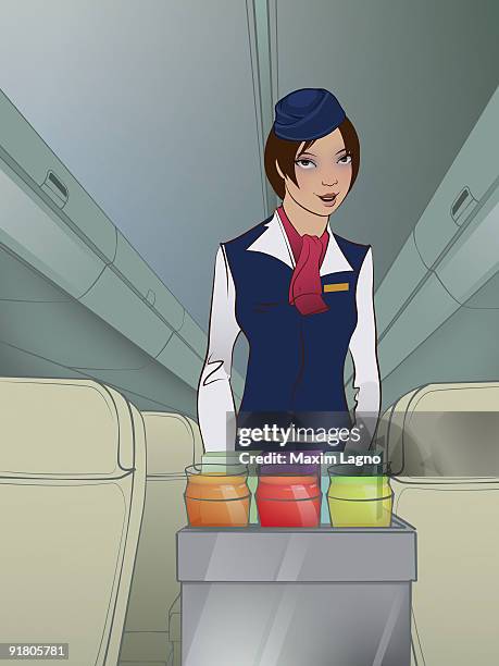 a flight attendant pushing a cart through an airplane - airline food stock-grafiken, -clipart, -cartoons und -symbole