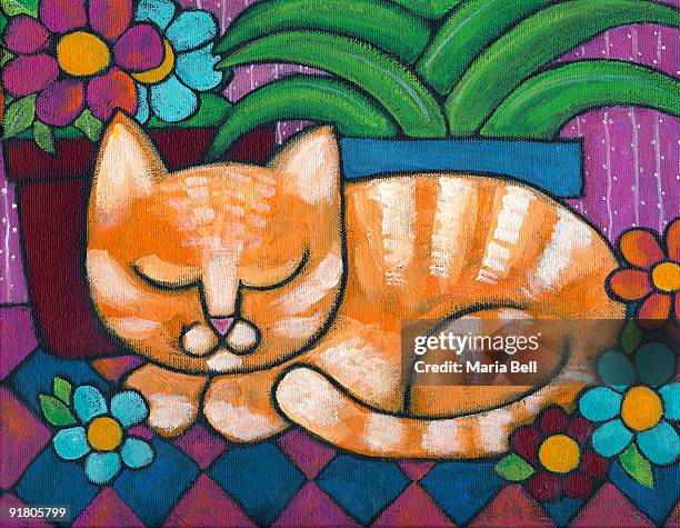 an orange tabby cat napping beside a flower pot - tabby stock illustrations