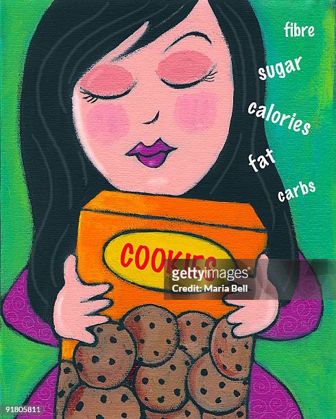 a woman reading the nutritional information on a box of cookies - nutritional information stock illustrations