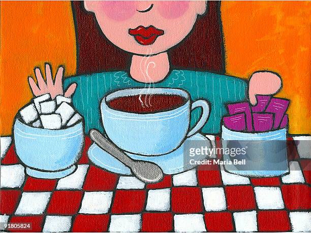 a woman declining sugar and opting for sweetener for her coffee - artificial sweeteners stock illustrations