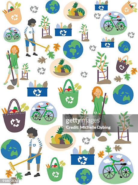 A Pattern For Earth Day With Children Recycling Earth And Bicycles High-Res Vector Graphic