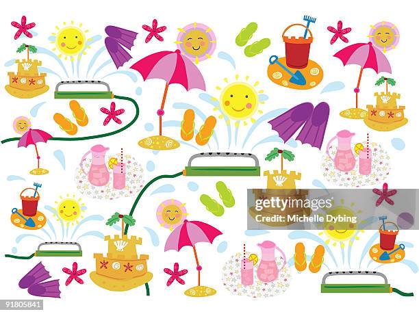 a pattern of suns, lemonade, sandcastles and sprinklers in the summer - sand bucket stock illustrations