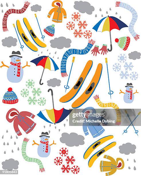 a pattern of coats, scarves, snowflakes and skis for the winter - pudelmütze stock-grafiken, -clipart, -cartoons und -symbole