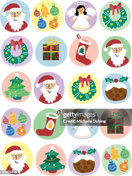 A Pattern Of Santa Angels Gifts And Wreaths For Christmas, Foto de stock