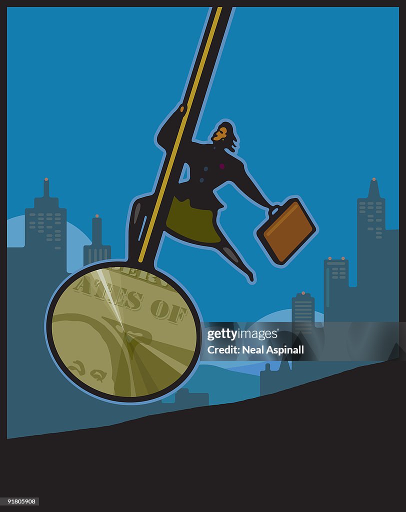 A business woman on a swinging pendulum reflecting the US Dollar bill