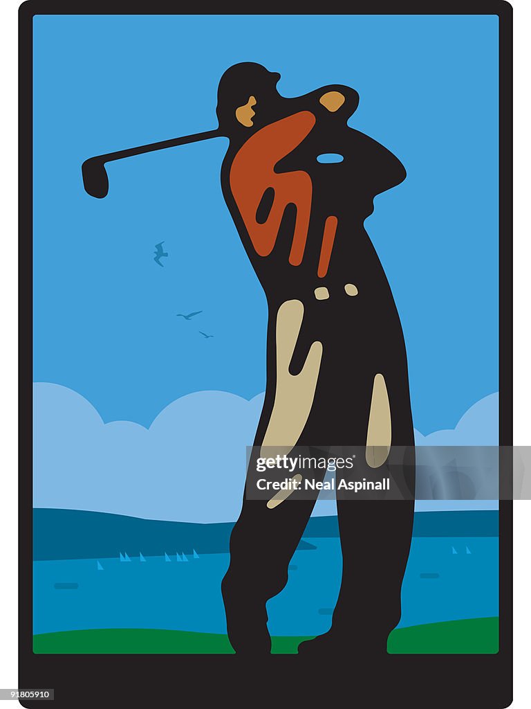 A man playing golf at a course by the sea