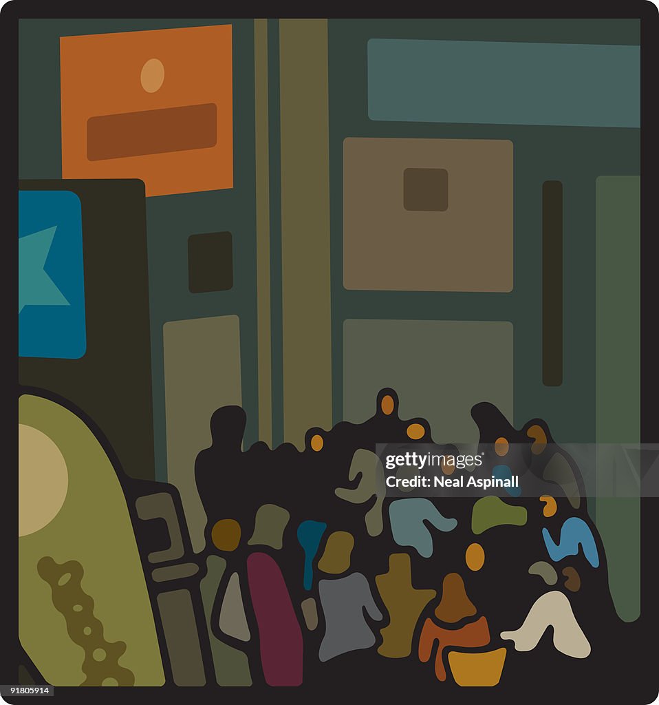 A crowd gathered in a lobby