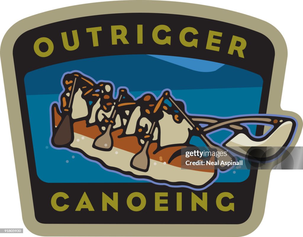 A group of people outrigger canoeing and text