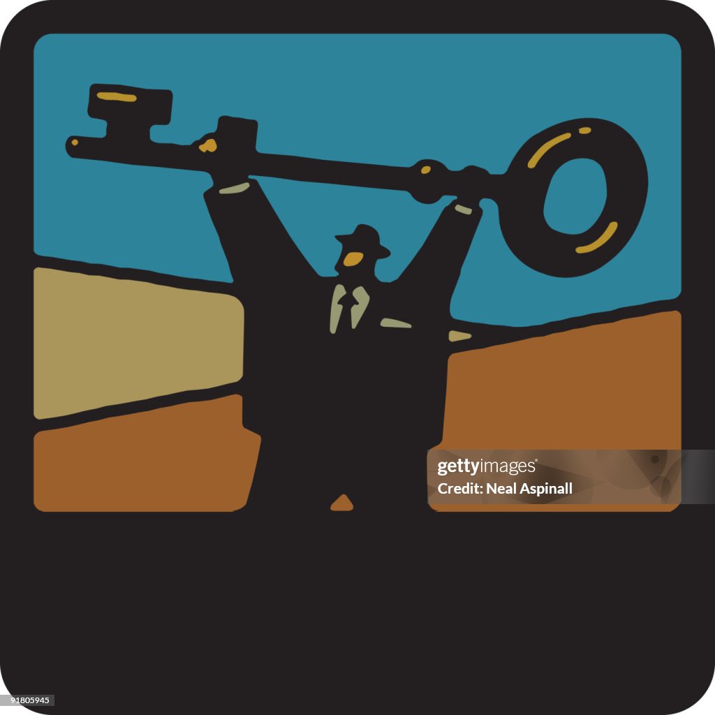 A businessman holding a large key over his head