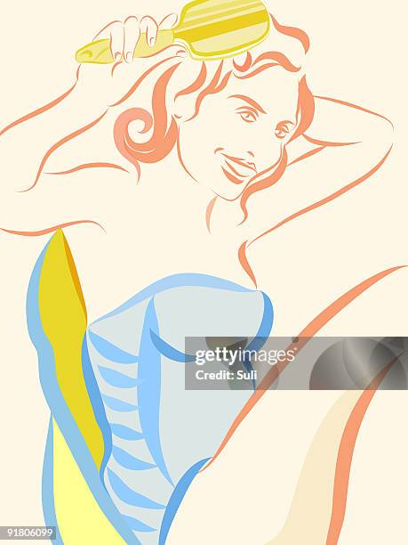 a woman brushing her hair in a chair - animal brush stock illustrations