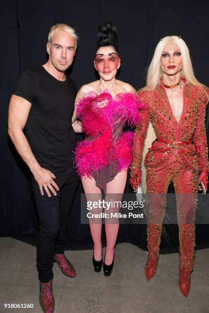 Designers David Blonde, Susanne Bartch, and Phillippe Blonde pose backstage at The Blonds fashion show during New York Fashion Week: The Shows at...