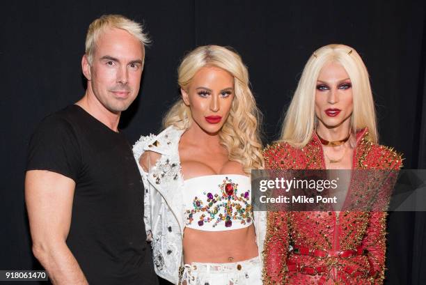 David Blonde, Gigi Gorgeous, and Phillippe Blonde pose backstage at The Blonds fashion show during New York Fashion Week: The Shows at Spring Studios...