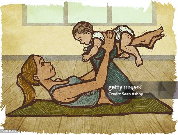 A Mother And Baby Doing Yoga, Stock-Foto