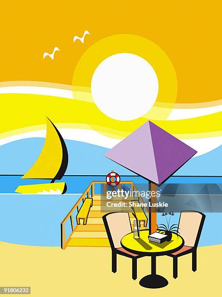 a table and chairs on a beach with a dock overlooking the ocean - ocean beach pier stock illustrations