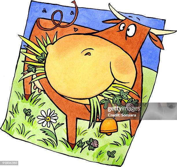 a cow eating grass in a pasture - padock stock illustrations